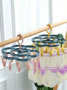 Windproof Round Laundry Drying Rack With 16 Clips, Rotating Hanger For Hanging Socks, Underwear, And Other Clothes - Yellow - View 3