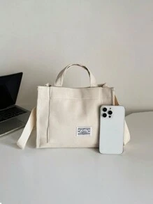 Túi xách vuông nhỏ bằng nhung kẻ đơn giản phong cách mới theo xu hướng thời trang Túi đeo vai cho nữ Túi tote nhung kẻ phong cách Kpop, Túi đeo vai trang trí miếng vá chữ, Túi đeo chéo vuông cho nữ - Màu be - Xem 8