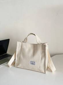 Túi xách vuông nhỏ bằng nhung kẻ đơn giản phong cách mới theo xu hướng thời trang Túi đeo vai cho nữ Túi tote nhung kẻ phong cách Kpop, Túi đeo vai trang trí miếng vá chữ, Túi đeo chéo vuông cho nữ - Màu be - Xem 10