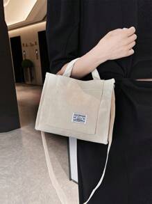 Túi xách vuông nhỏ bằng nhung kẻ đơn giản phong cách mới theo xu hướng thời trang Túi đeo vai cho nữ Túi tote nhung kẻ phong cách Kpop, Túi đeo vai trang trí miếng vá chữ, Túi đeo chéo vuông cho nữ - Màu be - Xem 5