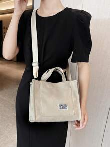 Túi xách vuông nhỏ bằng nhung kẻ đơn giản phong cách mới theo xu hướng thời trang Túi đeo vai cho nữ Túi tote nhung kẻ phong cách Kpop, Túi đeo vai trang trí miếng vá chữ, Túi đeo chéo vuông cho nữ - Màu be - Xem 4