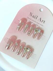 10pcs Handmade Long Coffin Shape False Nails Set In Nude Pink Color With Heart And Rhinestone Decor Press On Nails Nail Supplies