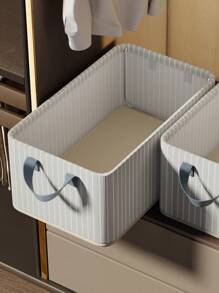 1pc Light Grey Striped Storage Basket Made Of Oxford Cloth With Reinforced Steel Frame, Foldable And Suitable For Wardrobe Storage - Light Grey - View 7