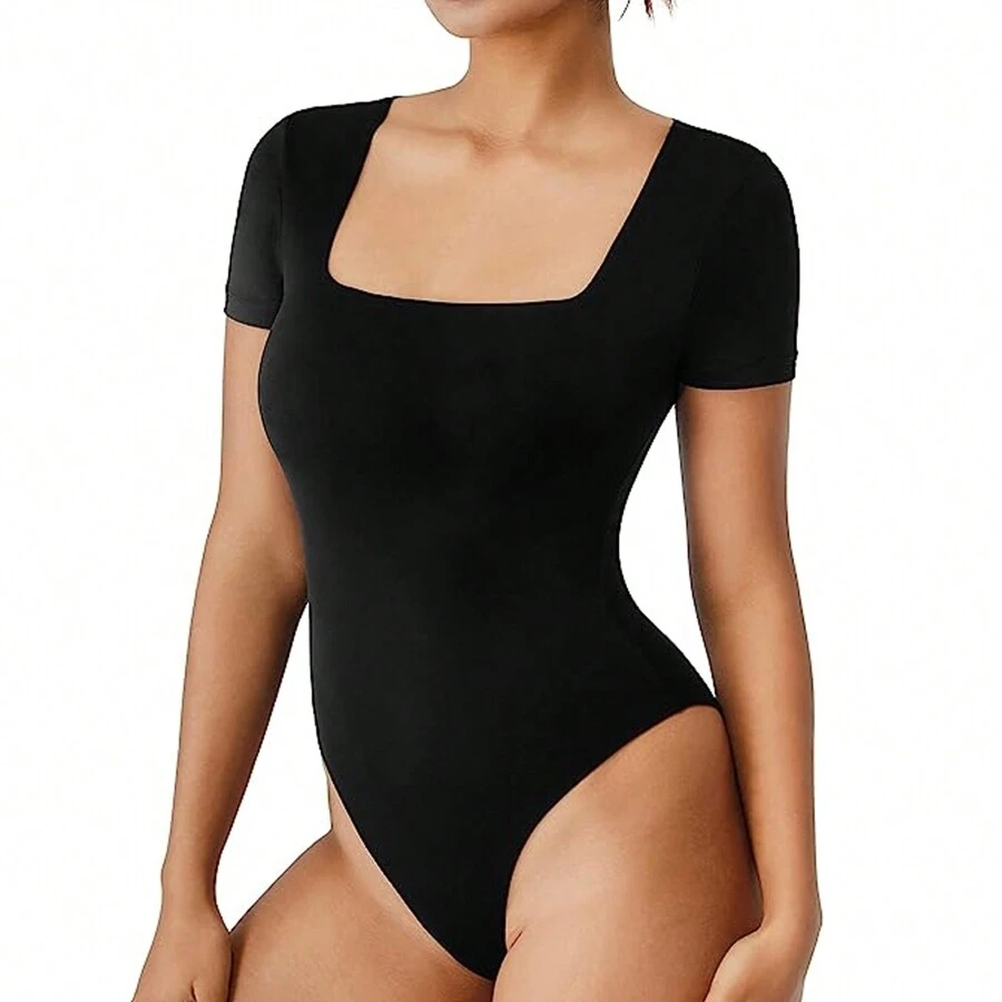 Body de Manga Corta Sin Costuras para Mujer, Ropa Moldeadora con Control de Barriga, Tanga, Moldeador de Cuerpo - Negro - Ver 1
