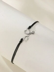 1個創意復古風格心形聽診器飾品手工編織足鍊,男女皆宜的夏日海灘時尚配件 - 黑色 - 查看 5