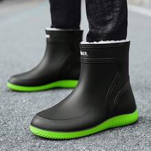 中小腿外套抓絨固定天鵝絨防水雨靴 - 黑綠色 - 查看 6