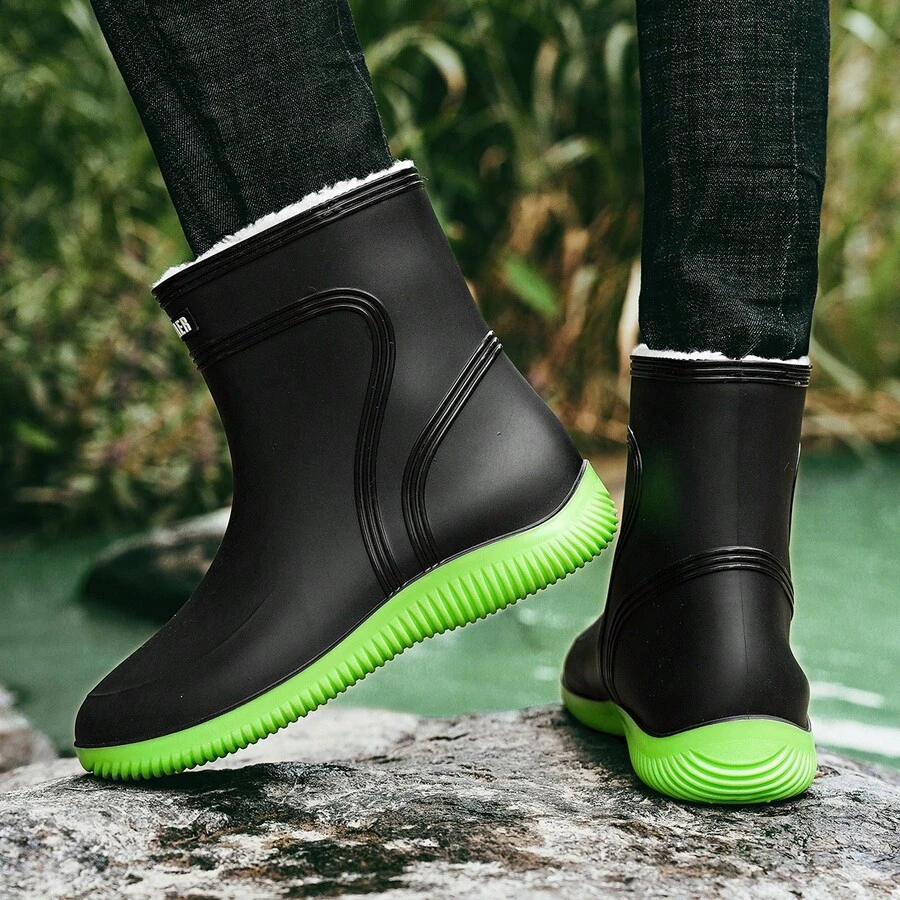 中小腿外套抓絨固定天鵝絨防水雨靴 - 黑綠色 - 查看 1