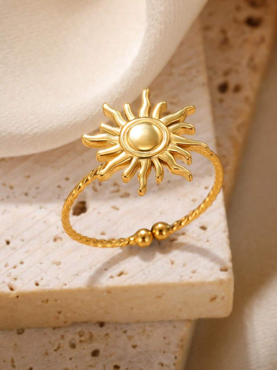 1Pc Retro Sun Opening Rings For Women Gold Color Stainless Steel Geometric Ring Summer Travel Party Jewelry Gifts