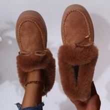 女士保暖短毛毛靴,厚實柔軟防滑鞋底,舒適穿著,非常適合下雪天氣 - 棕色 - 查看 2