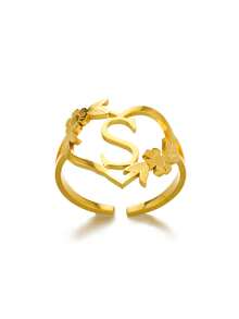 1pc Fashionable Gold Stainless Steel Flower Shaped Open Ring With Letter, Heart For Ladies, Wedding, Jewelry, Valentine'S Day Gift - Gold - View 21