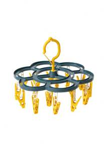 Windproof Round Laundry Drying Rack With 16 Clips, Rotating Hanger For Hanging Socks, Underwear, And Other Clothes - Yellow - View 1