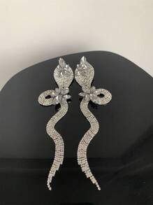 Extra Large Personalized Silver Rhinestone Fringe Earrings, European And American Style Sexy & Exaggerated Snake Shaped Full Rhinestone Dangle Earrings, Accessories - Silver - View 12