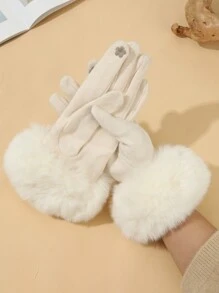 可愛1對女士白色仿羊毛高密度彈性口暖手套，具有觸摸屏功能，冬季戶外騎行配件 - 白色 - 查看 3