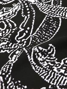 Black Print Belted Long Kimono Beach Dress Vacation - Black - View 7