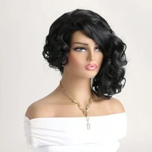 女士 14 英寸自然黑色短卷发合成假发，侧分设计，适合日常佩戴 - 黑色 - 查看 1