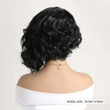 女士 14 英寸自然黑色短卷发合成假发，侧分设计，适合日常佩戴 - 黑色 - 查看 5