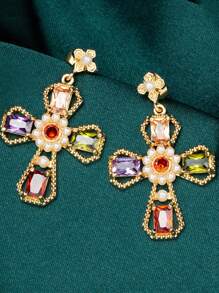 Pair Of Fashionable Gorgeous Cross Flowers Colorful Pearl Women's Copper Earrings - Multicolor - View 7