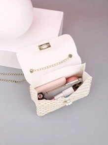 Mini Skinny Scarf Decor Turn Lock Square Bag Fashionable Argyle Quilted Phone Bag, Women Mini Crossbody Bag, Fashion PU Leather Zipper Purse - White - View 4