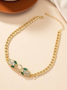 1個金屬编制厚链配钻石镶嵌双蛇吊坠欧美流行奢华高端感项链 - 金黃色 - 查看 3