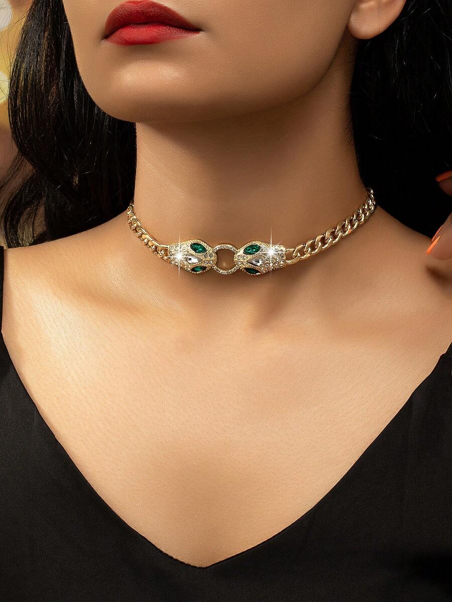 1個金屬编制厚链配钻石镶嵌双蛇吊坠欧美流行奢华高端感项链 - 金黃色 - 查看 1