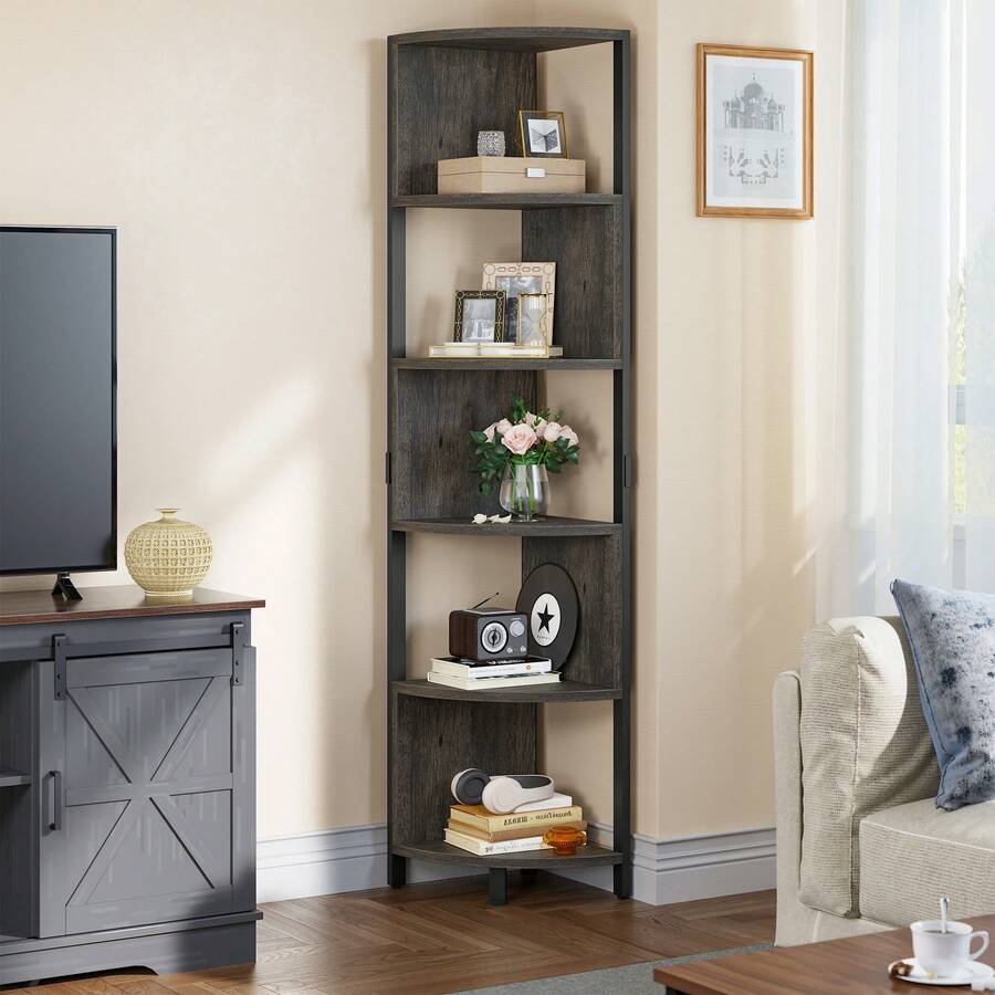 YITAHOME 5 Tier Industrial Corner Bookshelf Modern Bookcase Display ...