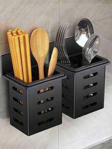 1pc Black Or White Kitchen Organizer For Knives, Spoons, Chopsticks And Storage Box, Wall-mounted, Household Use - Black - View 2