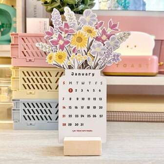 1pc 2024 Bloomy Flowers Desk Calendar, Wooden Craft Home Decoration Calendar