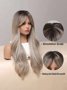 24-26inch Ombre Grey Wig Long Curly Wavy Wig Middle Part Synthetic Heat Resistant Wigs For Women Girl Daily Party - Multicolor - View 5