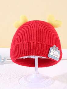 1 Winter Double Love Knitted Hat Solid Color Label Thermal Lined Warm Knitted Hat - Red - View 2