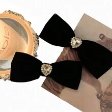 2 Pcs Stone And Pearl Decor Hair Clips - Black - View 1