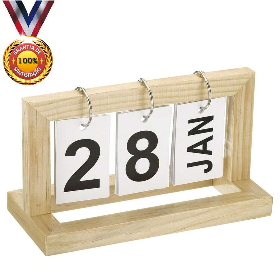 Calendário retrô de madeira atemporal, folha de madeira, página do calendário, exibição da data do mês, decoração de escritório - COR ALEATORIO - Visão 1