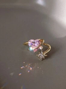 1pc High-end elegant light luxury cute heart powder  children open mouth ring - Pink - View 3