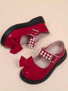 Zapatos planos tipo Mary Jane con decoración de lazo de perlas para niñas, calzado casual con estilo princesa, talla pequeña