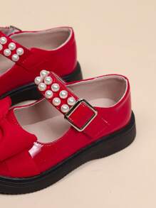 Zapatos planos tipo Mary Jane con decoración de lazo de perlas para niñas, calzado casual con estilo princesa, talla pequeña