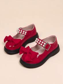 Zapatos planos tipo Mary Jane con decoración de lazo de perlas para niñas, calzado casual con estilo princesa, talla pequeña