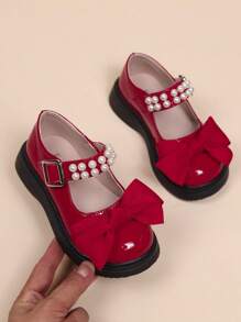 Zapatos planos tipo Mary Jane con decoración de lazo de perlas para niñas, calzado casual con estilo princesa, talla pequeña
