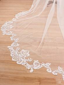 1 Pc Phụ nữ 1 Tầng Cathedral dài ren hoa Appliques Wedding Mạng che mặt cô dâu cho tiệc cưới Ngà mùa thu quần áo cho phụ nữ - Màu be - Xem 5