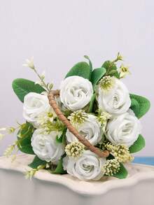 1 Rổ Thủ công Dệt Chất vải Với 7 Heads Hoa hồng nhân tạo Hoa In Nồi , Mô phỏng Thực vật Đối với Bàn Đồ trang trí , Thích hợp Đối với Cặp đôi Qủa tặng , Nhà  Trang trí , Lễ cưới , Sinh nhật , Buổi tiệc Và Trang trí lễ hội - trắng - Xem 2