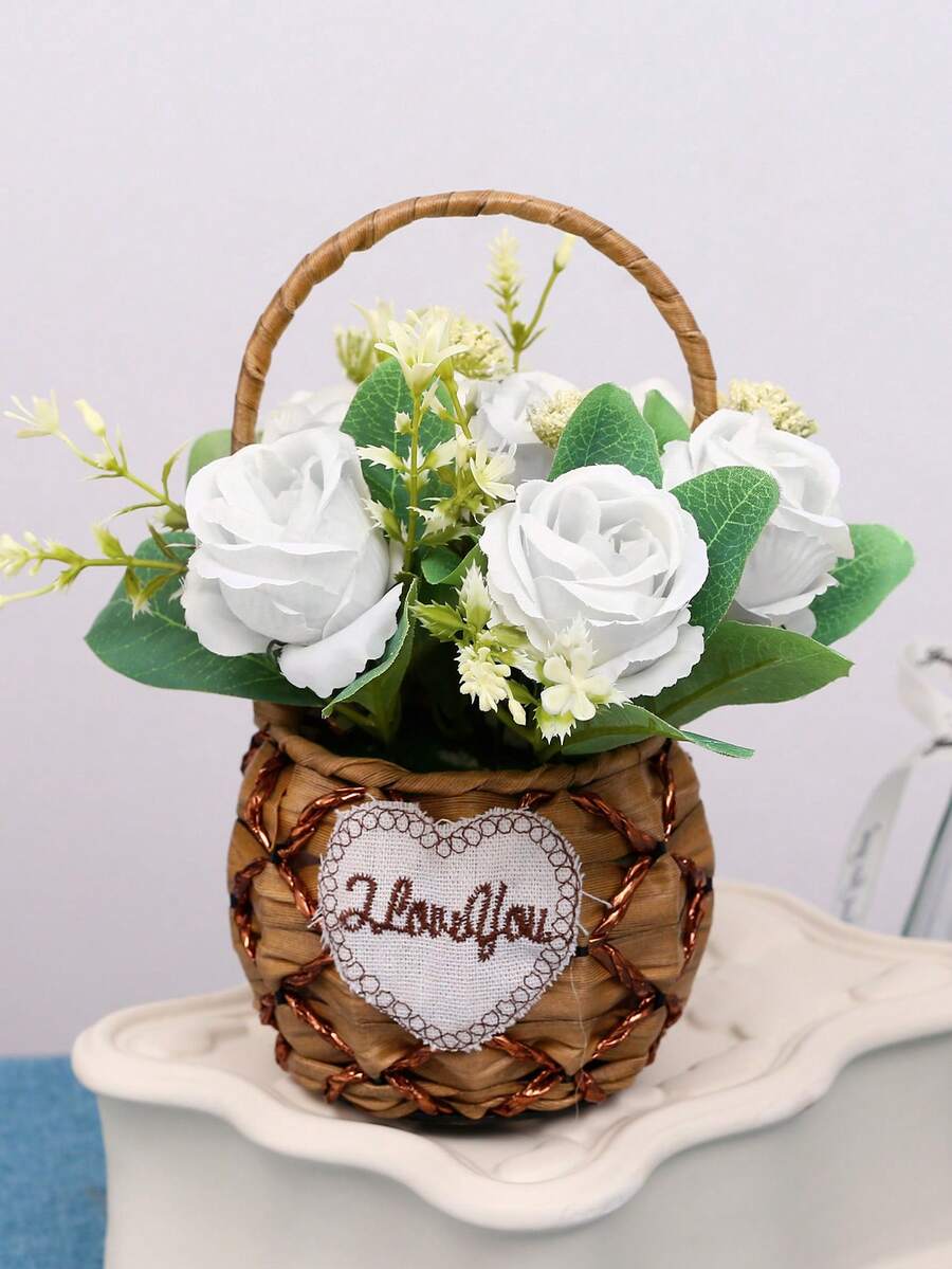 1 Rổ Thủ công Dệt Chất vải Với 7 Heads Hoa hồng nhân tạo Hoa In Nồi , Mô phỏng Thực vật Đối với Bàn Đồ trang trí , Thích hợp Đối với Cặp đôi Qủa tặng , Nhà  Trang trí , Lễ cưới , Sinh nhật , Buổi tiệc Và Trang trí lễ hội - trắng - Xem 1