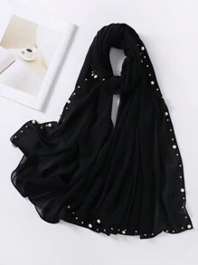 优雅 1 件女士纯色人造珍珠别针雪纺长围巾/头巾头带适合 Abaya 女士面纱 - 黑與白 - 查看 2