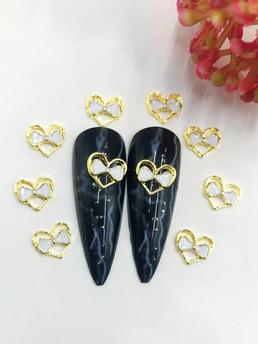 10pcs Gold-based Rhinestone Bowknot & Heart Shaped Nail Art Decorations - White - View 1