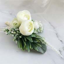 1入組新郎及新娘隊伍用人工花胸花,適用於婚禮及畢業禮 - 米色 - 查看 3