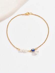 1pc Fashionable Minimalist Design Faux Pearl & Eye Charm Chain Anklet - Multicolor - View 3