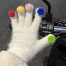 1 件女士冬季保暖手套带触摸屏功能，针织彩虹全指款式，加厚毛绒衬里，适合骑自行车、学生 - 白色 - 查看 4