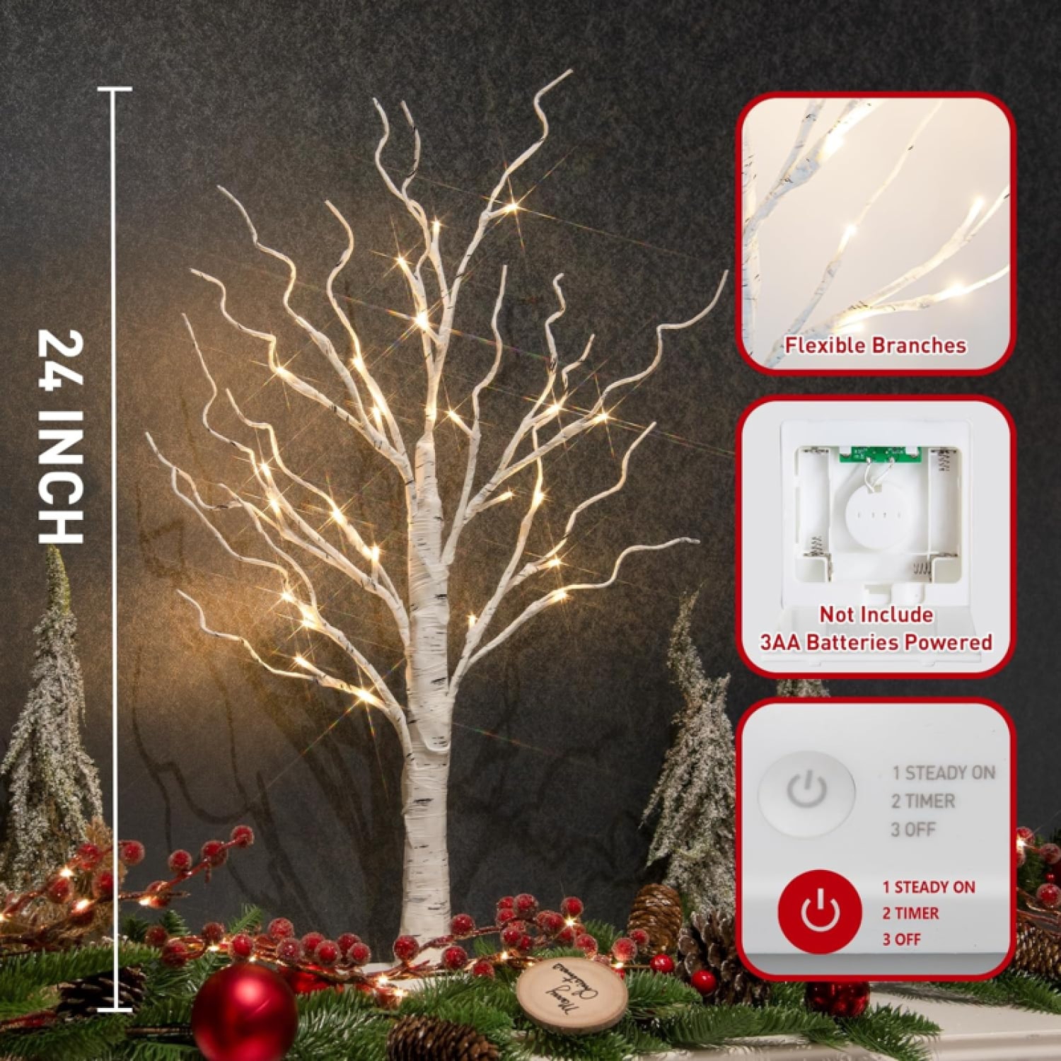 Christmas Tree, White Birch Tree with LED Lights Set of 2, Warm White