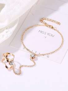 1pc Fashionable Vintage Gold Rhinestone Hollow Geometric Minimalist Unique Finger Chain Bracelet Ring Set, Snake-Shaped Linked Finger Chain For Women - Gold - View 6