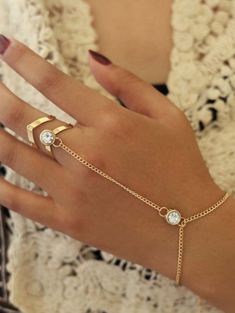 1pc Fashionable Vintage Gold Rhinestone Hollow Geometric Minimalist Unique Finger Chain Bracelet Ring Set, Snake-Shaped Linked Finger Chain For Women - Gold - View 1