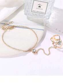 1pc Fashionable Vintage Gold Rhinestone Hollow Geometric Minimalist Unique Finger Chain Bracelet Ring Set, Snake-Shaped Linked Finger Chain For Women - Gold - View 7