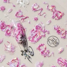 1入組5D新款奢華龍美甲貼紙，可愛粉藍色閃粉自粘式轉印美甲裝飾滑片貼紙，DIY美甲必備 - 粉色 - 查看 2