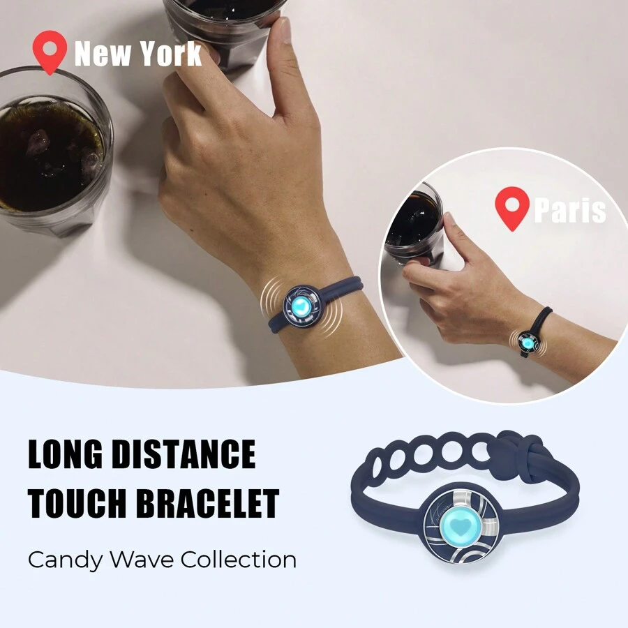 Totwoo Candy Wave Collection-Long Distance Touch Single Bracelet(Work In Pairs)-Colorful Band Bracelet, Vibration & Light Up For Love Couples Bracelet | Long Distance Relationship Gifts For Girlfriend Bluetooth Pairing Jewelry- Stay Connected Anytime, Anywhere - 深藍 - 查看 1